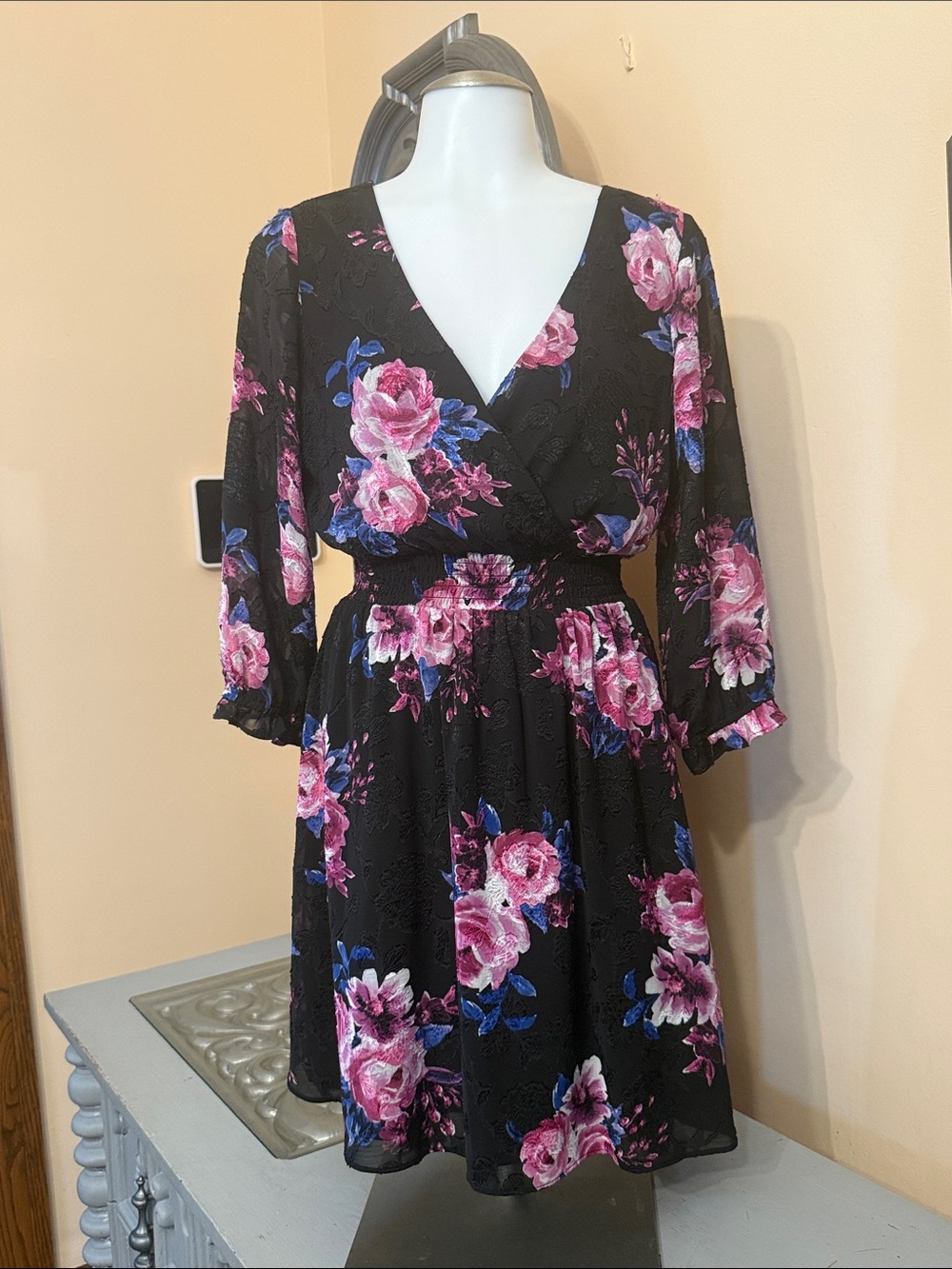 I.N. San Francisco Small Black Dress with Pink Blue Floral Print Long Sleeves